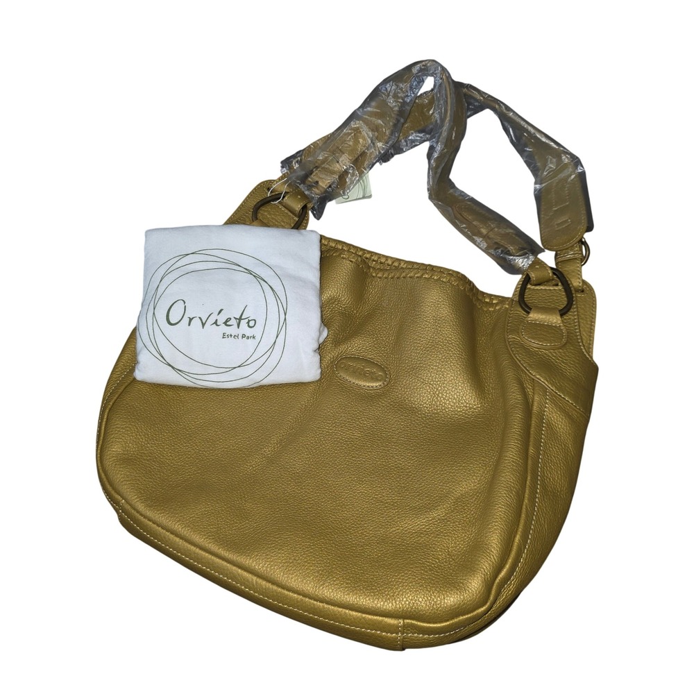 Orvieto Estel Park Women Metallic Gold Pebbled Leather Hobo Shoulder Bag Italy